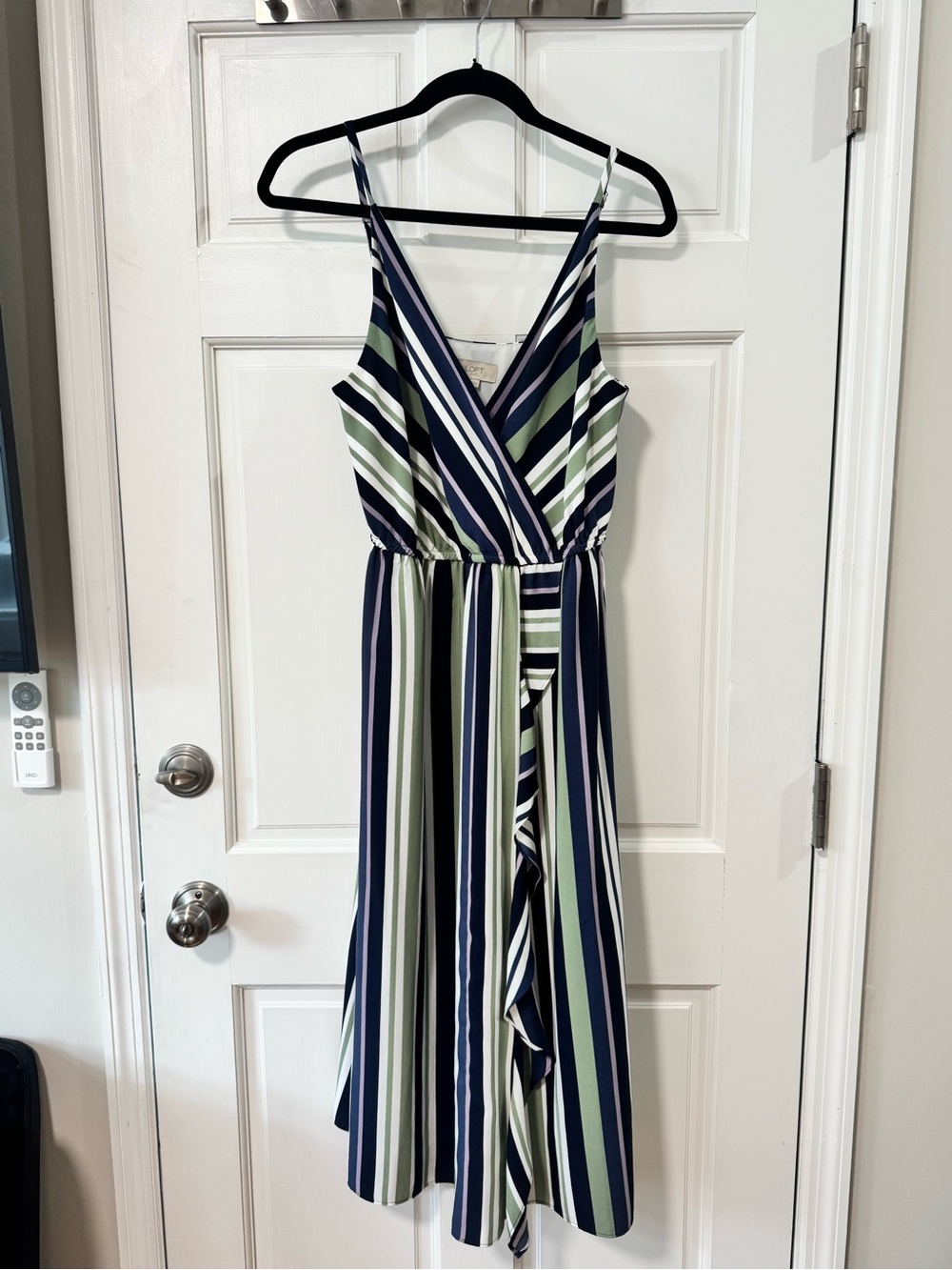 Striped V-Neck Faux Wrap Sundress in Navy, White & Sage